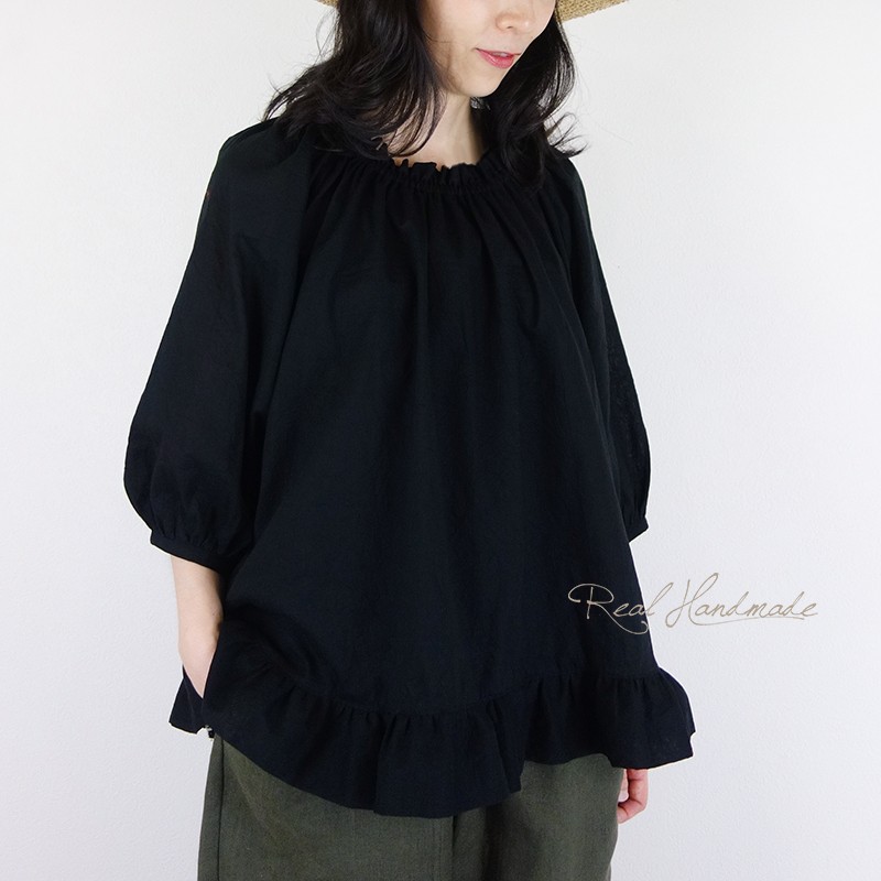 [予約販売] ワッシャーコットンブラックフリルプルオーバー