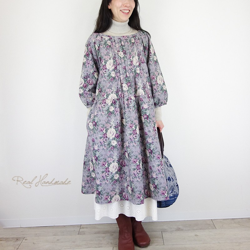 [予約販売] コットンリネンアンティークフラワーピンタックパフワンピース