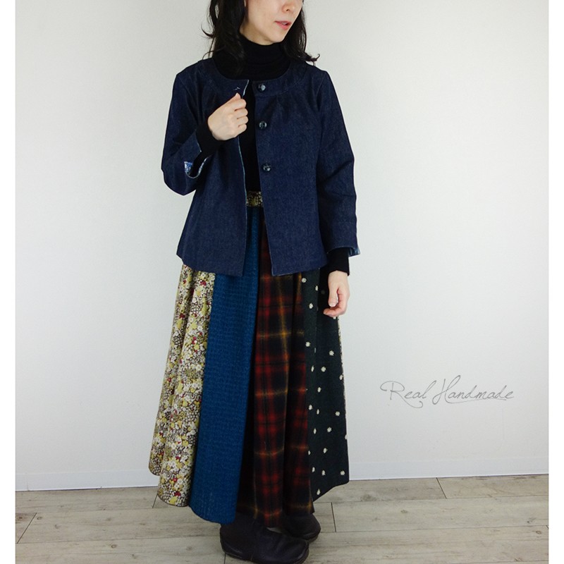 [予約販売] デニムとリバティいちご泥棒ヨーク切替ジャケット