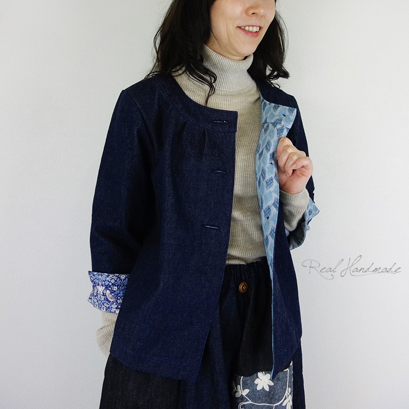 [予約販売] デニムとリバティいちご泥棒ヨーク切替ジャケット