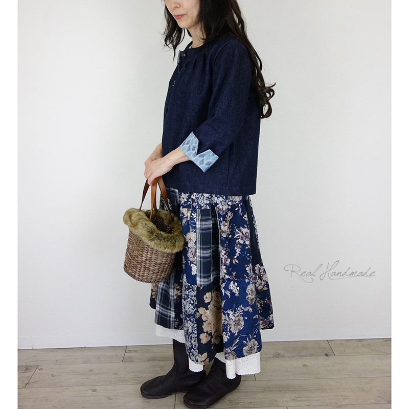 [予約販売] デニムとリバティいちご泥棒ヨーク切替ジャケット