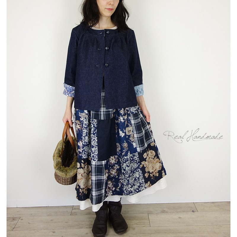 [予約販売] デニムとリバティいちご泥棒ヨーク切替ジャケット