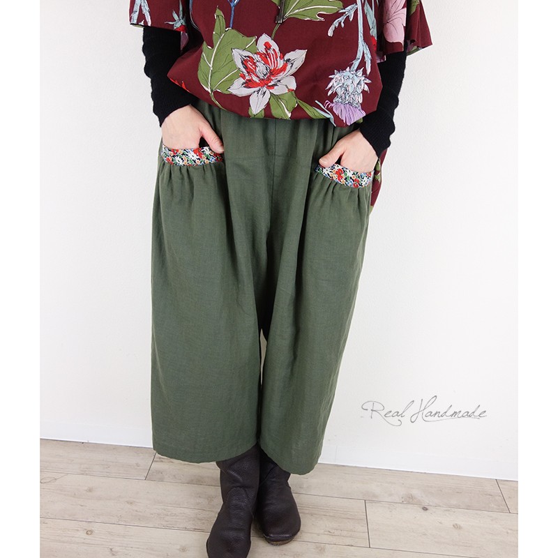 [予約販売]Wガーゼカーキ前後切替ふんわりパンツ