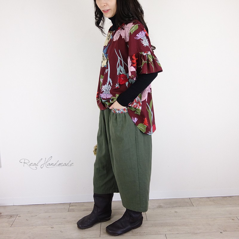 [予約販売]Wガーゼカーキ前後切替ふんわりパンツ