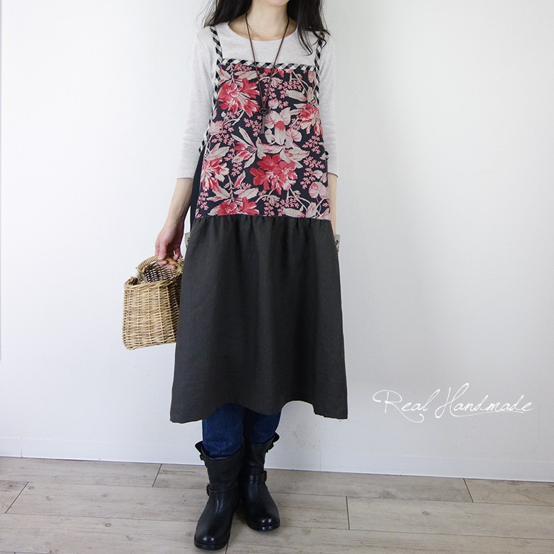 [予約販売]リネンブラックレッドフラワーキャミワンピース