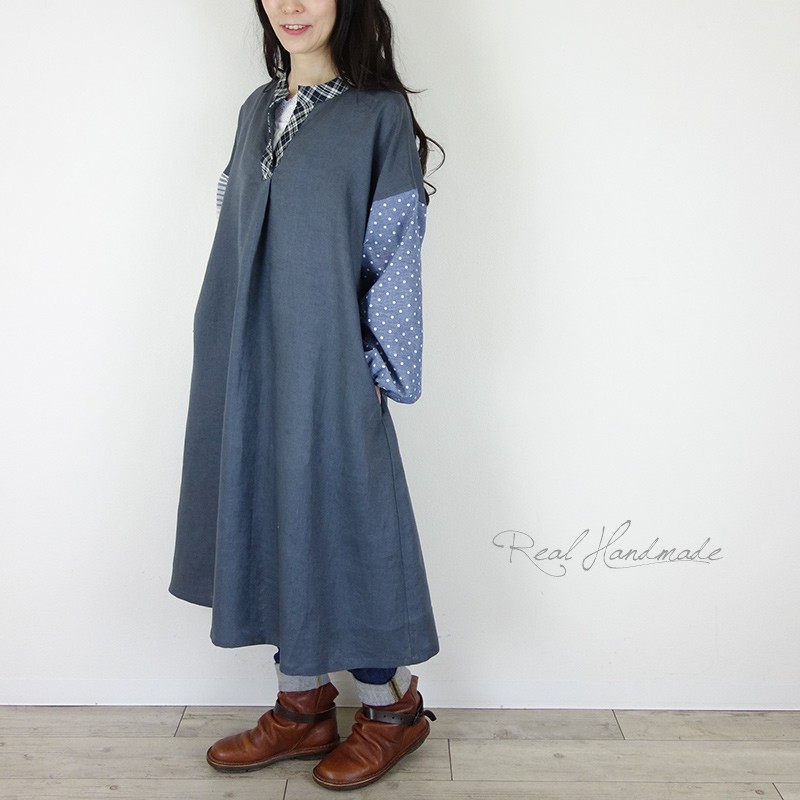 [予約販売]チャコールリネンキーネックドロップワンピース