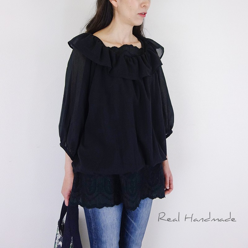 [予約販売] ワッシャーブラック襟フリルプルオーバー