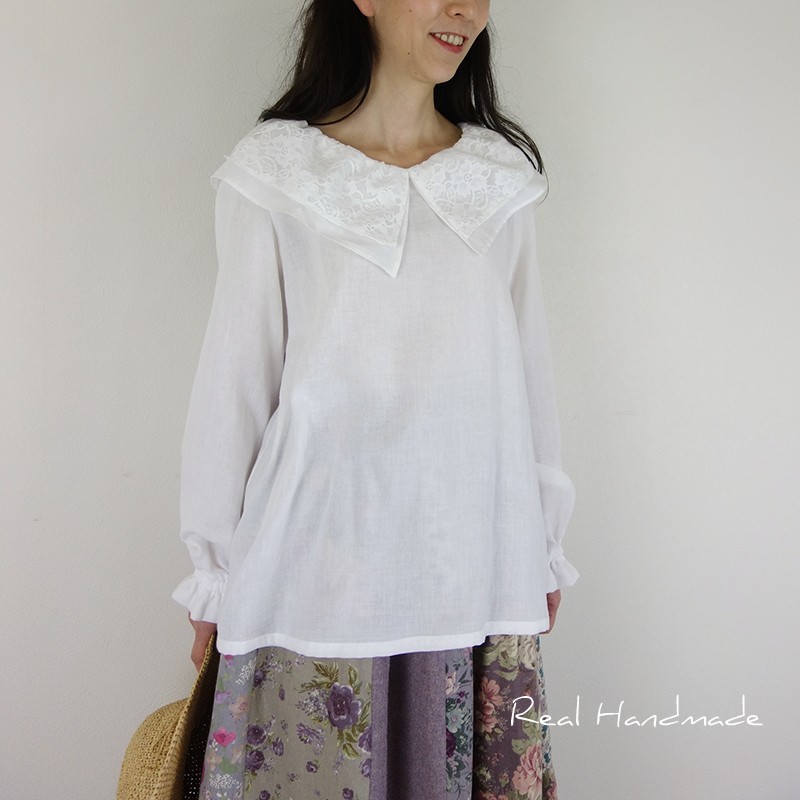 [予約販売] Wガーゼホワイト襟ラッセルレースプルオーバー