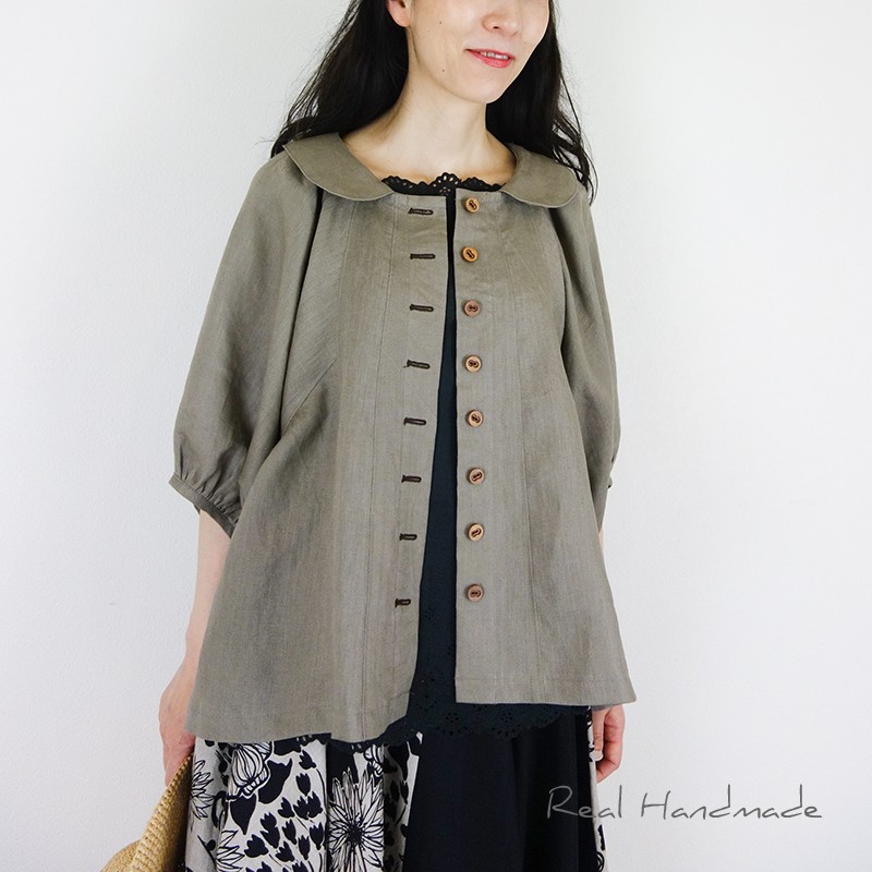 [予約販売] しっとり柔らか薄カーキリネン切替羽織りブラウス