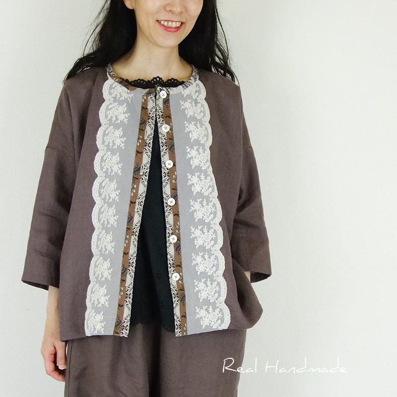 [予約販売] しっとり柔らかヨーロッパモカリネンプロヴァンスチュールレース羽織りブラウス