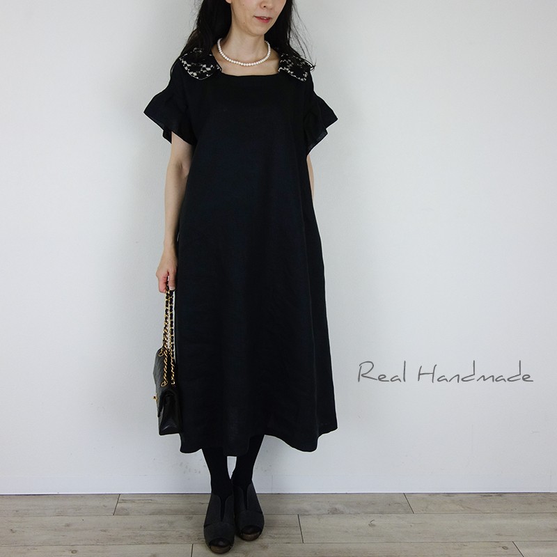 [予約販売] ヨーロッパブラックリネン襟ケミカルレース袖フリルワンピース