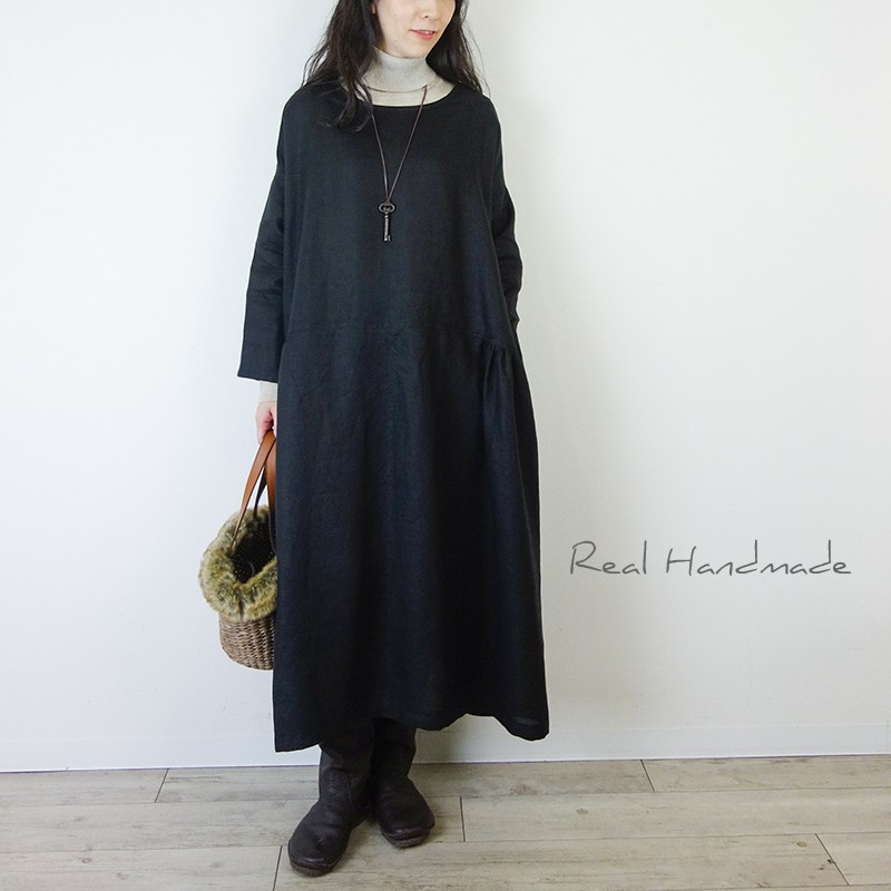 [予約販売]　ヨーロッパブラックリネンサイドギャザーワンピース