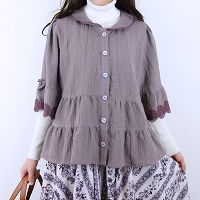 [予約販売] ワッシャーハーフリネンローズグレーティアード羽織りブラウス