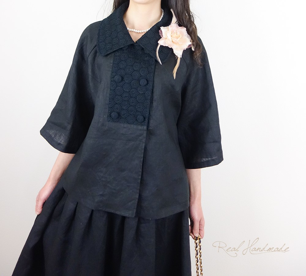 [予約販売]　ヨーロッパブラックリネンサークル刺繍Wジャケット