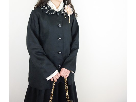 [予約販売] ヨーロッパブラックリネン襟ケミカル丸襟ジャケット**卒園　卒業　入学式　ブラックフォーマル　冠婚葬祭
