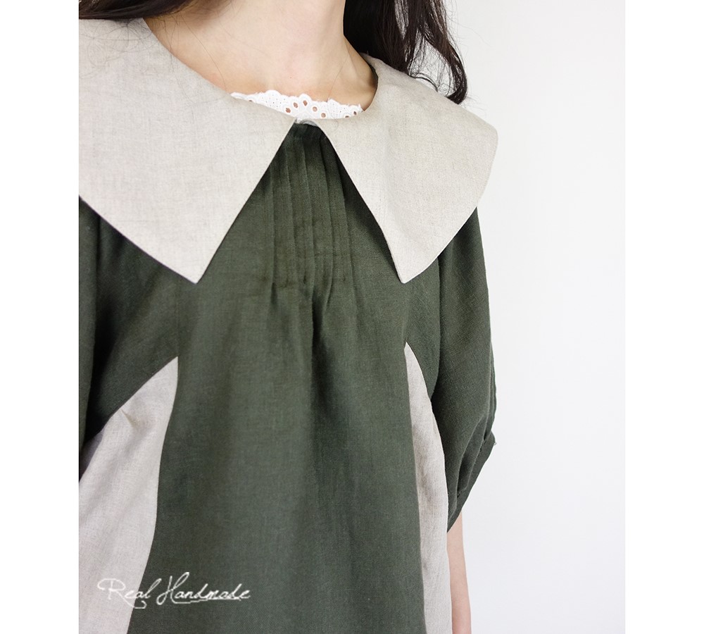 [予約販売] ヨーロッパリネンKAKIとナチュラル襟ドルマンブラウス