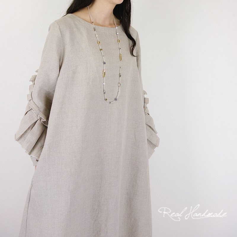 [予約販売]　ヨーロッパリネンプリーツ袖フリルワンピース