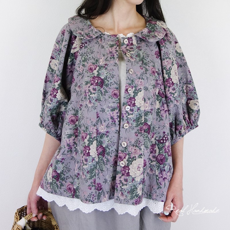 [予約販売] コットンリネンアンティークフラワードルマン羽織りブラウス
