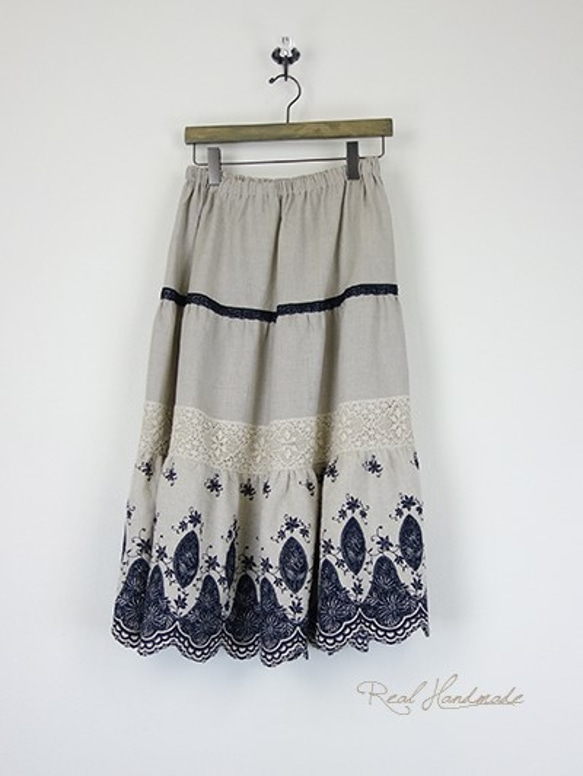 [予約販売]　リネンネイビースカラップレースティアードスカート 2枚目の画像