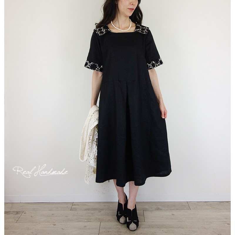 [予約販売] ヨーロッパブラックリネンケミカルレースフロントタックワンピースR　ブラックフォーマル　冠婚葬祭