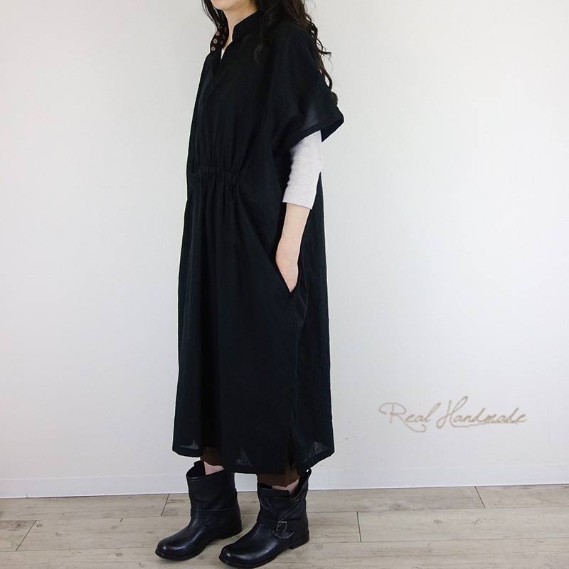[予約販売] ワッシャーブラックフロントギャザーワンピース