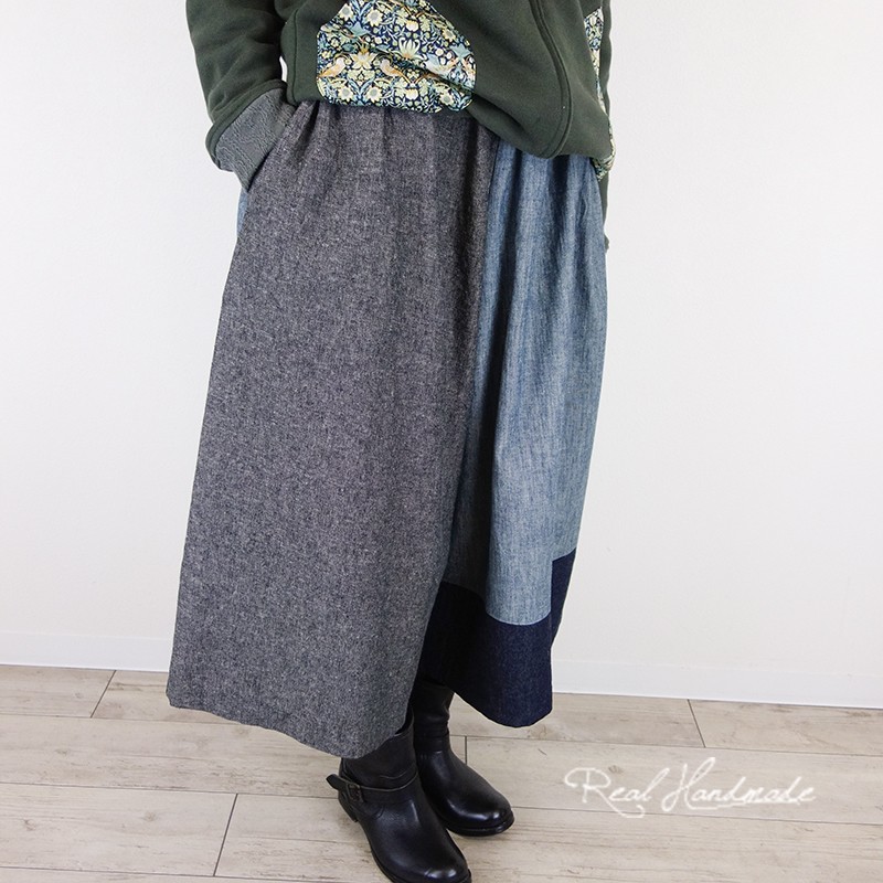 [予約販売]配色デニムパッチワークワイドパンツ