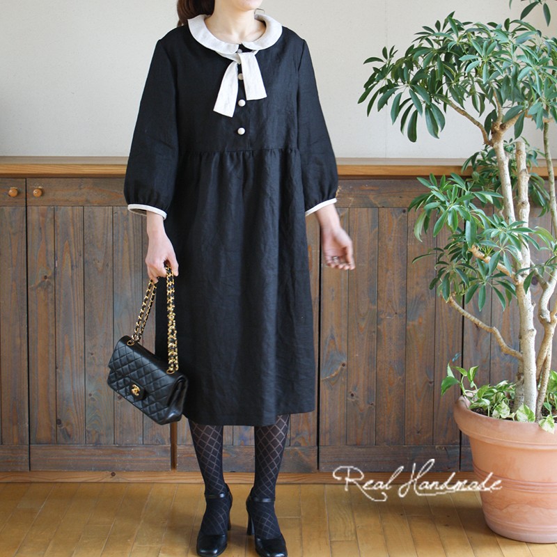 [予約販売] ブラックリネンフラットカラーリボンワンピース　**卒園　卒業式　入学式　ブラックフォーマル　冠婚葬祭