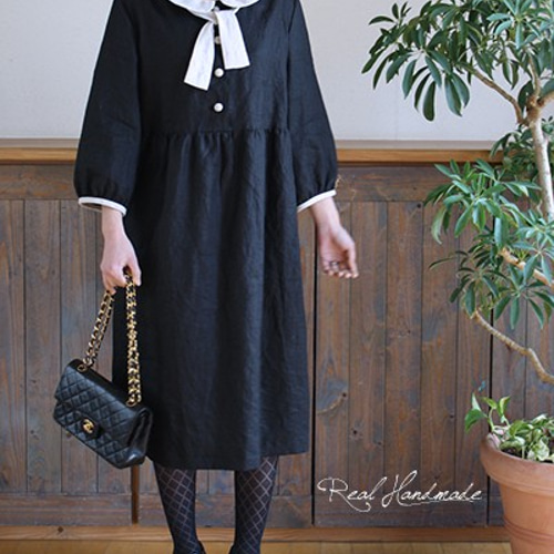 予約販売] ブラックリネンフラットカラーリボンワンピース **卒園 卒業