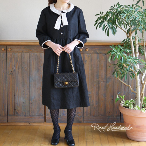 予約販売] ブラックリネンフラットカラーリボンワンピース **卒園 卒業