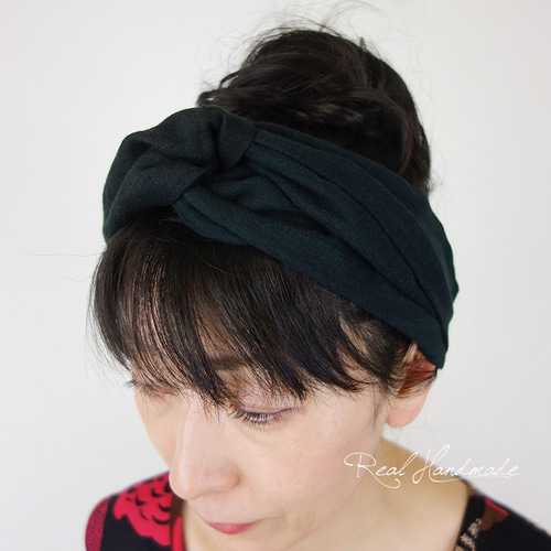 予約販売] ブラックリネンとWガーゼクロスターバン ヘアバンド 