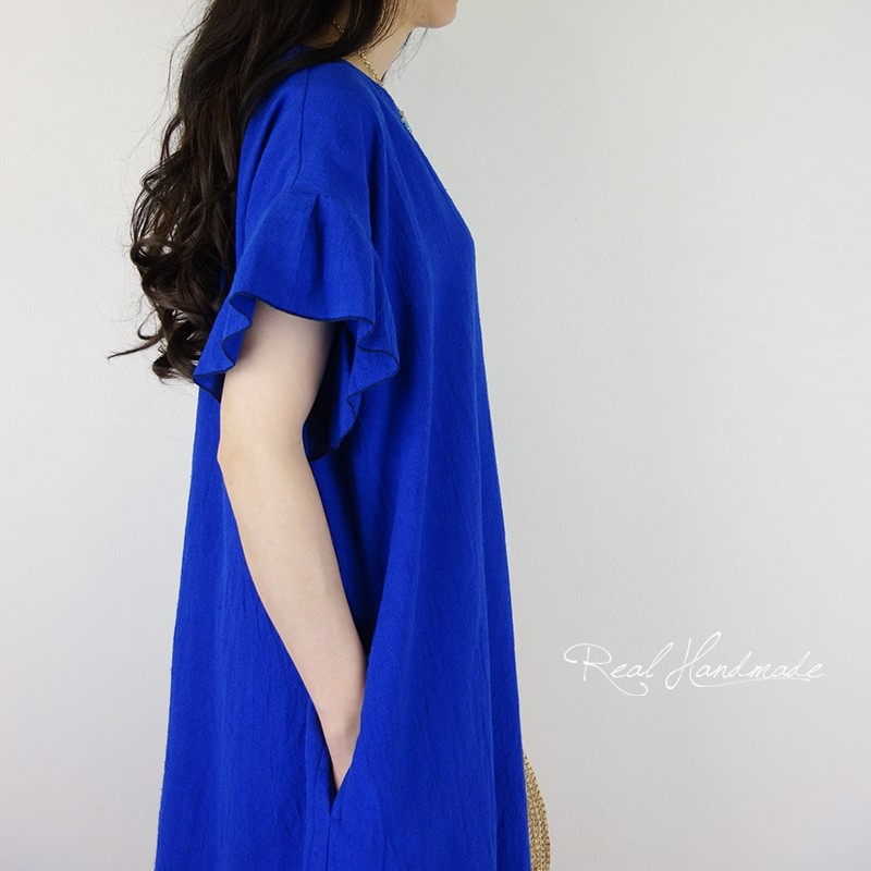 [予約販売] ワッシャーハーフリネンロイヤルブルー袖フリルワンピース