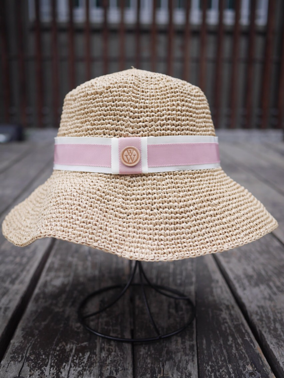 ［W手作緞帶帽］ 玫瑰粉雙色緞帶寬簷帽/限量手作紙繩帽/台灣製造/夏日時尚禮物 第1張的照片