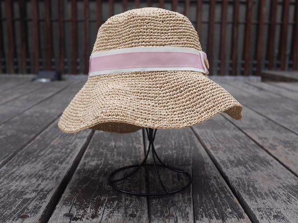 ［W手作緞帶帽］ 玫瑰粉雙色緞帶寬簷帽/限量手作紙繩帽/台灣製造/夏日時尚禮物 第2張的照片