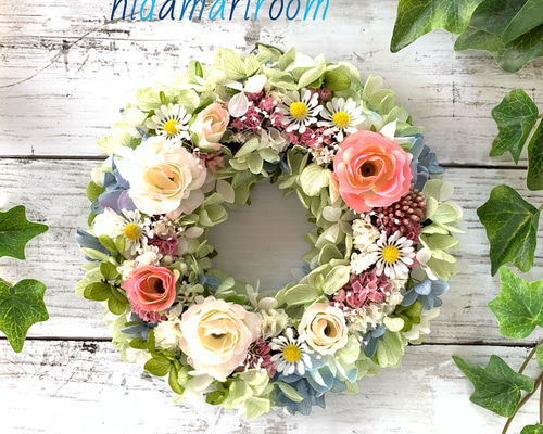 ＊Natural＊バラのピンクリース♡ドライフラワーリース ピンク薔薇のナチュラルドライフラワーリース！Atelier Kouan