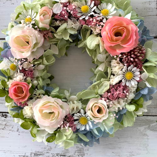 淡いピンクのバラのリース＊ ♯フラワーリース ♯ドライフラワー