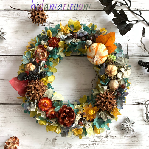 大人シックなハロウィンリース 白いかぼちゃ フラワーリース ハンドメイド