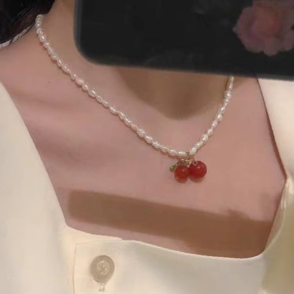 桜桃チョーカー　パール　瑪瑙　ネックレス 2枚目の画像