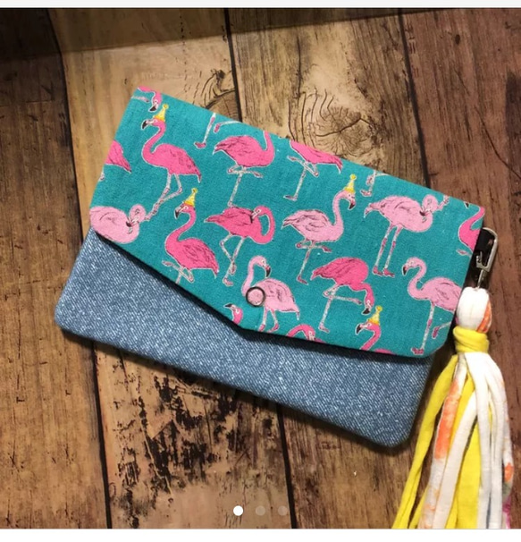 フラミンゴ グリーン Sサイズ 母子手帳ケース タッセル 西海岸サーフ  