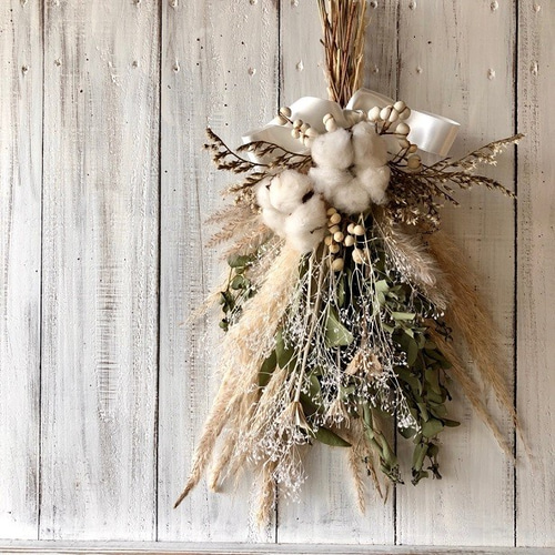 星月猫☆「ホワイトコットンフラワーとパンパスグラス、ユーカリの