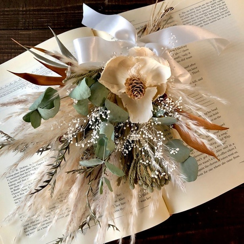 星月猫☆「ココフラワーとパンパスグラスの小さなホワイトスワッグ  