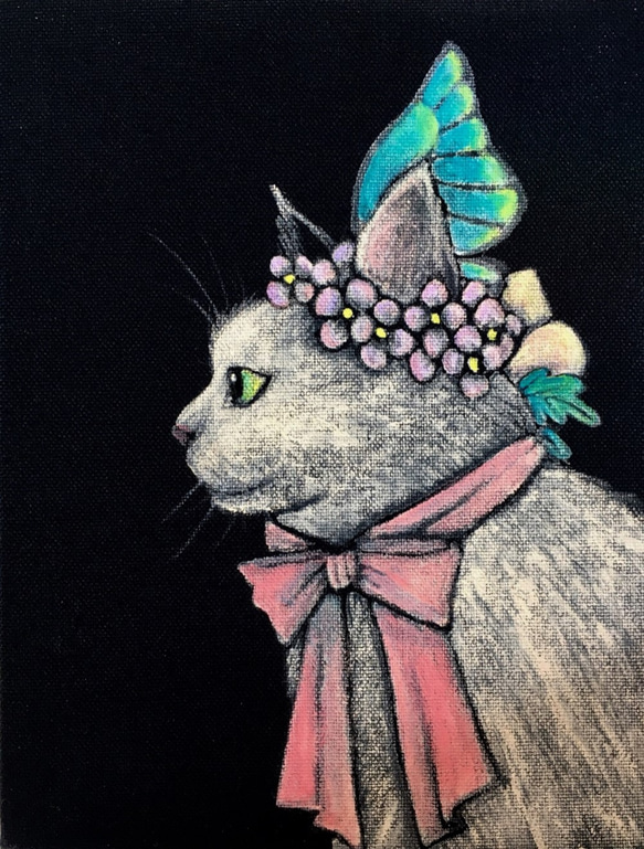 アート「白猫」アクリル絵の具 絵画作品 原画 F0サイズ（額は