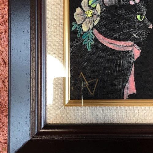 アート「黒猫」アクリル絵の具 絵画作品 原画 F0サイズ（額は