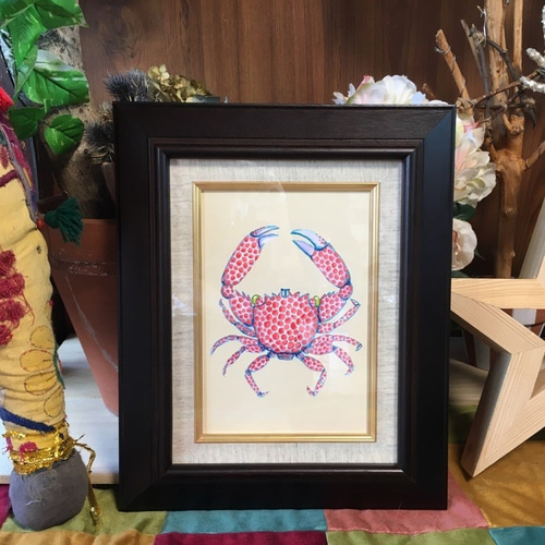アート「水玉蟹」アクリル画 原画 smサイズキャンバス (額は