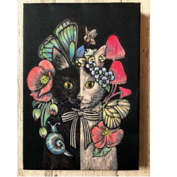 絵画　猫　美品 星月猫☆アート「星月猫 ににこ」絵画F0 複製画 木製パネル貼り