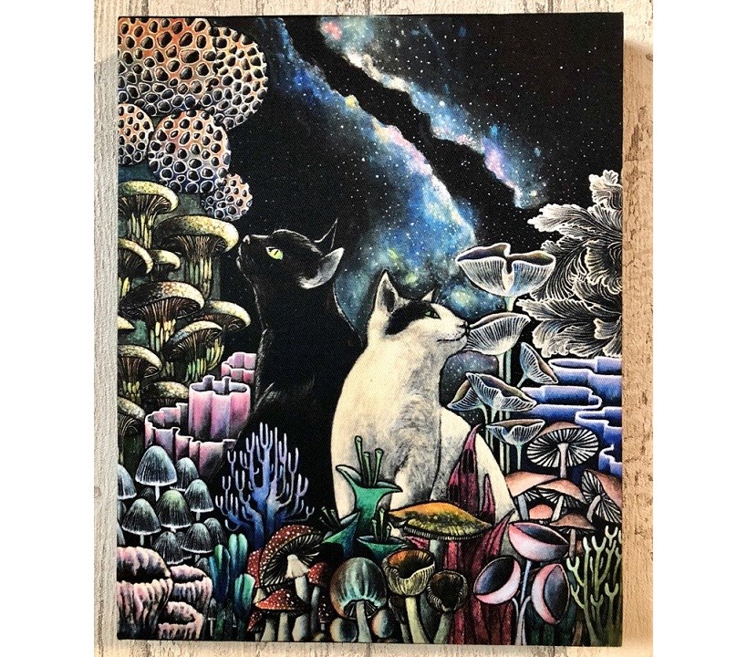星月猫☆アート「星降るキノコの森」絵画 F3 複製画 木製パネル