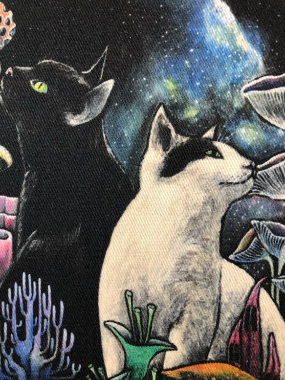 星月猫★アート「星降るキノコの森」絵画　SM 複製画　木製パネル貼り　22.7cmｘ15.8cm　厚み２㎝「010」 猫 2枚目の画像