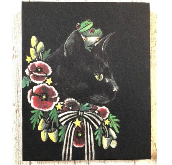 星月猫★アート「黒猫」絵画　F3 複製画　木製パネル貼り27.3cmｘ22cm　厚み２㎝　「011」 1枚目の画像