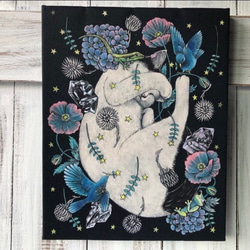 星月猫★アート「夢の中へ」絵画　F3 複製画　木製パネル貼り27.3cmｘ22cm　厚み２㎝　「004」複製画 2枚目の画像