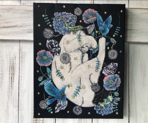 星月猫★アート「夢の中へ」絵画　F3 複製画　木製パネル貼り27.3cmｘ22cm　厚み２㎝　「004」複製画 2枚目の画像