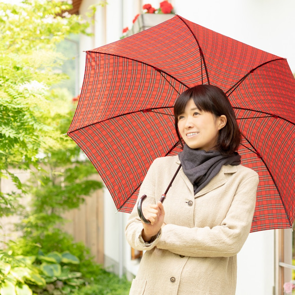 【雨傘】レトロチェック　タータンチェック：レッド 1枚目の画像